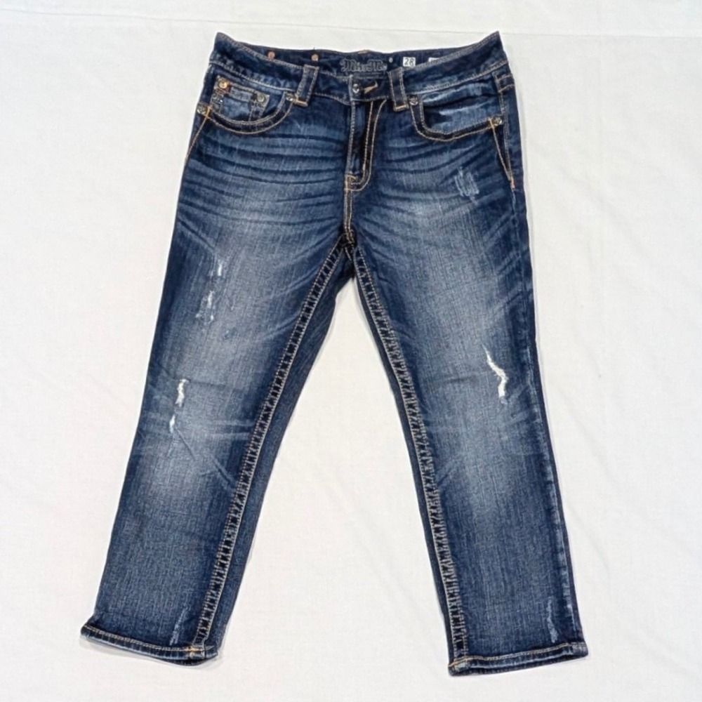Miss Me Boyfriend Cuffed Capri Jeans Distressed Blue JB5151P34 Size 28